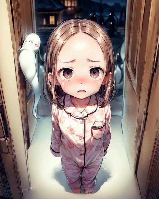 (masterpiece,best quality,ultra_detailed,highres,absurdres, dimly lit:1.2),
(scared to sleep alone:1.4),
(front above view of chii being chased by evil ghosts looking up standing with arms behind her back in an open doorway at night:1.8),
(darkness with evil fierce scary ghost in background:1.7),
(arms stretched out:1.7),
(chii:1.6),
(looking anxiously up at viewer, teary eyes, fearful expression, eye contact:1.8),
full body, upper body focus,
(view from above, pov from above:1.8),(girl in the center facing viewer:1.3), highly detailed, cute,lovely,
blush,brown hair, big brown eyes, medium hair, (parted bangs:1.2),(forehead:1.4),long sleeves,(wearing cute girly pajama:1.5),
<lora:ScaredToSleepAlone:0.5> , <lora:chii:0.5>, <lora:add_detail:1.5>,