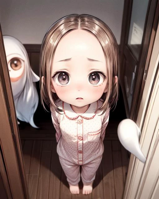 (masterpiece,best quality,ultra_detailed,highres,absurdres, dimly lit:1.2),
(scared to sleep alone:1.4),
(front above view of chii looking up at viewer standing with arms behind her back in an open doorway at night being chased by an evil ghost faces:2.0),
(very dark room with evil fierce scary ghost faces behind girl:2.0),
(arms stretched out:1.4),
(chii:1.6),
(looking anxiously up at viewer, very teary eyes, fearful expression, eye contact:1.8),
full body, upper body focus,
(view from above, pov from above:2.2),(girl in the center facing viewer:1.3), highly detailed, (cute,lovely,adorable:1.2),
blush,brown hair, big brown eyes, medium hair, (parted bangs:1.2),(forehead:1.5),long sleeves,(wearing cute girly pajama:1.5),
<lora:ScaredToSleepAlone:0.5> , <lora:chii:0.5>, <lora:add_detail:1.5>,