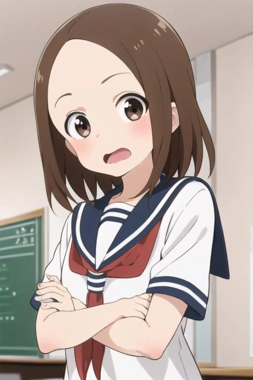 <lora:chii:0.7> chii, 1girl, solo, brown hair, parted bangs, forehead, brown eyes, blush, surprised, open mouth, serafuku, sailor collar, red neckerchief, upper body, looking at viewer, short sleeves, sunlight, indoors, classroom,