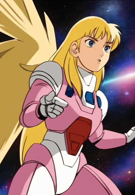 <lora:April_Eagle:0.8>, April_Eagle, solo, 1girl, pink armor, blond hair, blue eyes, space, Action Pose