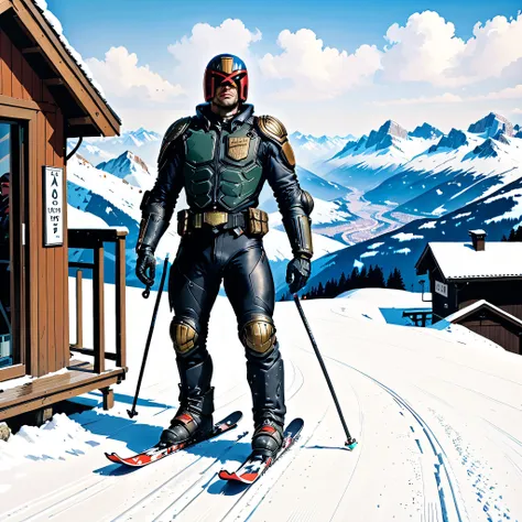 Dredd on a skiing holiday, jdgdrdd, skiis, alps, snow, skilift