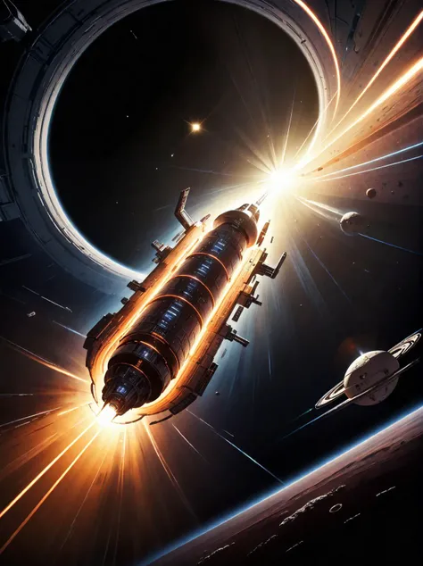 organic [worm:spaceship:0.5], no wings, in space, sunrays, science fiction, space travel, lightspeed, in motion,