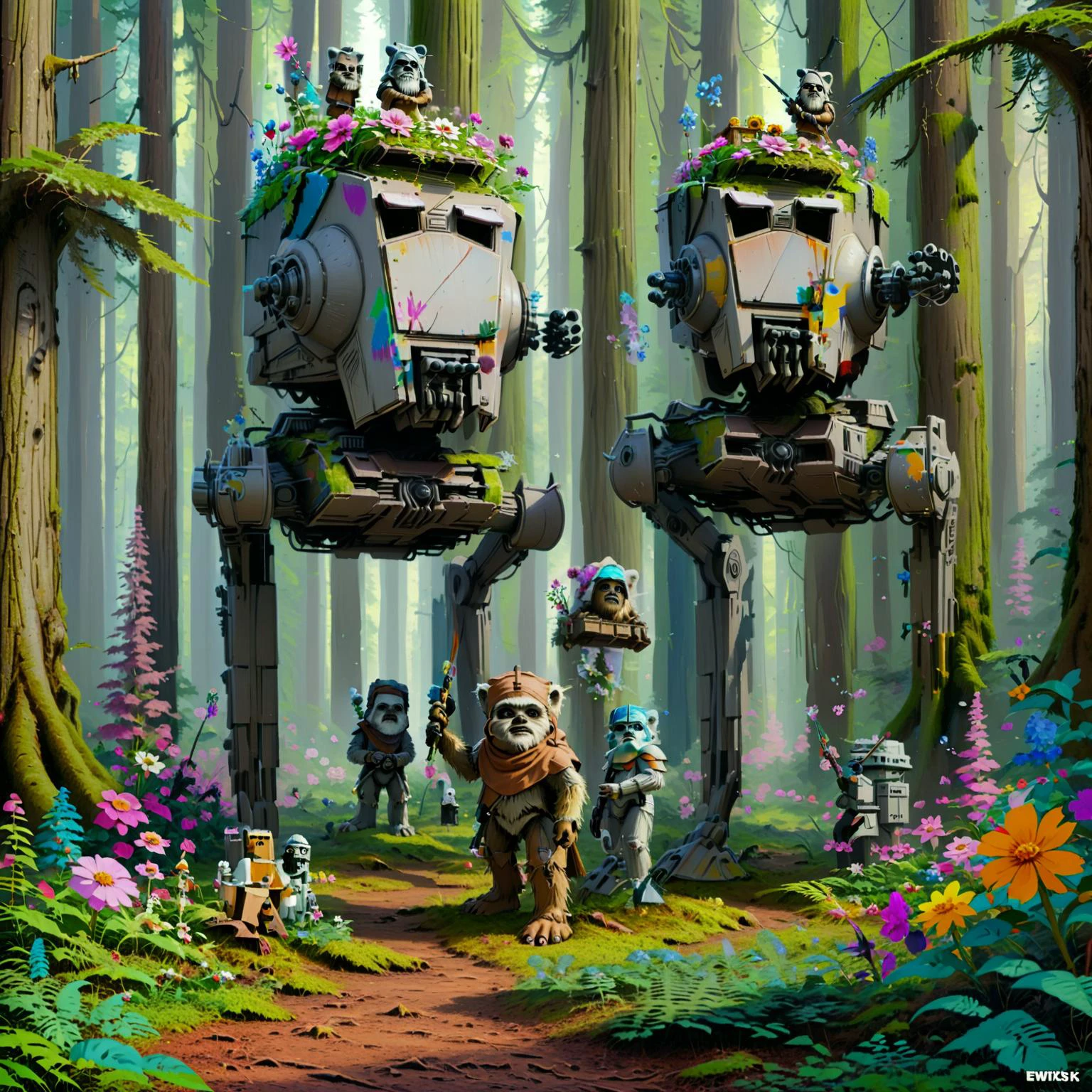 ewoks decorating a giant atstwlkr in the middle of a forest with paint and flowers, ewks