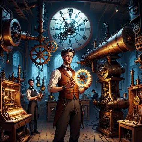 A clockwork inventor in their workshop surrounded by intricate gears and steam-powered machinery, holding up a glowing, newly completed invention with a look of triumph.