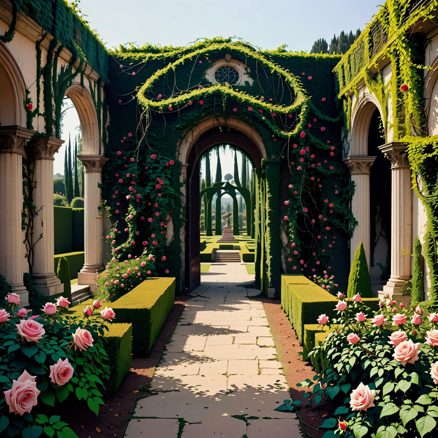 a dilapidated formal garden stands covered and tangled thickly with vines and climbing roses covered in enormous razor sharp thorns