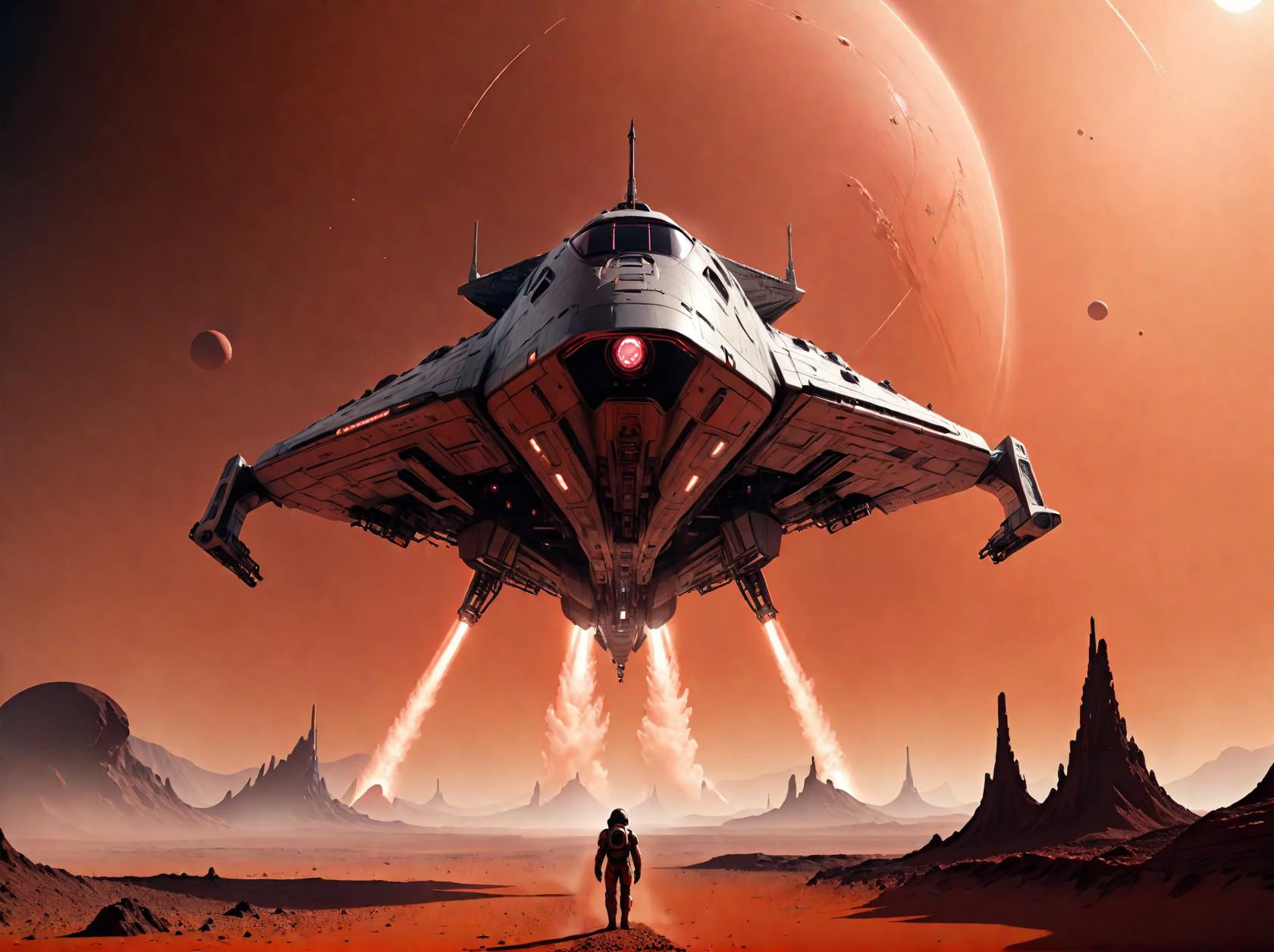 a futuristic spaceship landing on a foreign planet, science fiction, red dust, 8k, hightly detailed, thruster fire,