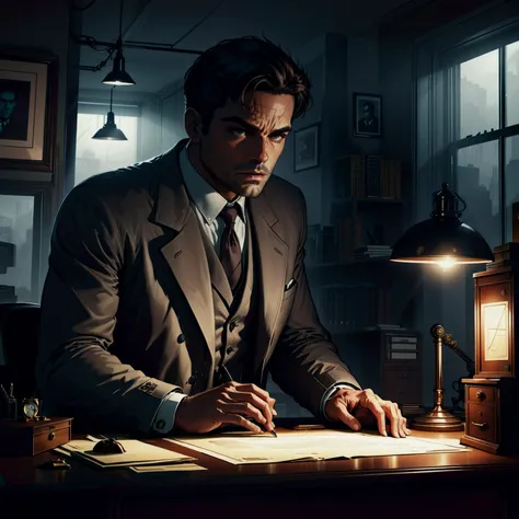 A noir detective sitting in a dimly lit office, on a gloomy day, examining a mysterious, glowing object on their desk with a look of intrigue.