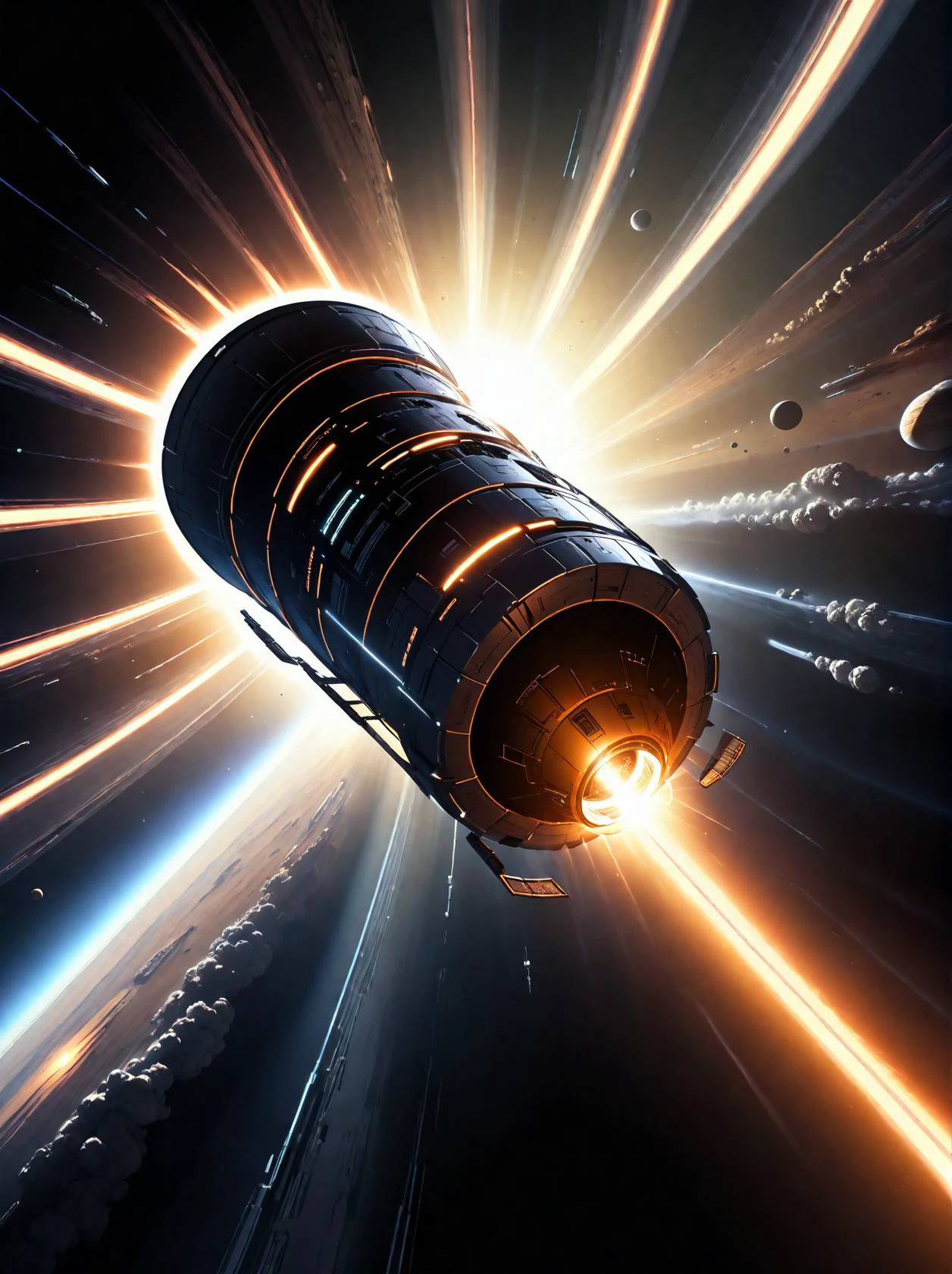 organic [worm:spaceship:0.5], no wings, in space, sunrays, science fiction, space travel, lightspeed, in motion,