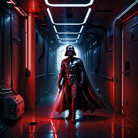 darth in a dark starship corridor lit by his red lightsaber,