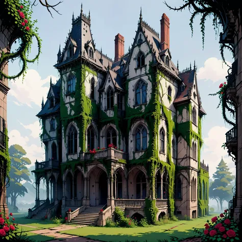 a dilapidated gothic mansion stands covered and tangled thickly with vines and climbing roses covered in enormous razor sharp thorns