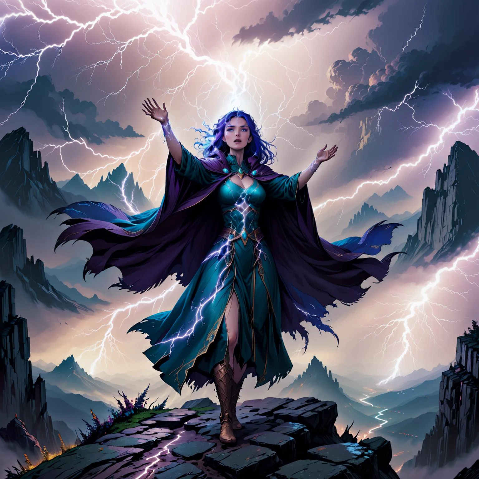 A sorceress summoning elemental magic atop a mountain during a thunderstorm, her cloak billowing in the wind, lightning arcs intertwining with her raised hands