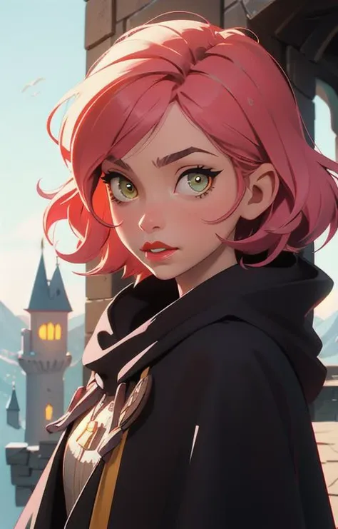 1girl, short pink hair,(hufflepuff House Cloak),( inner cloak yellow:1), (outer cloack black:1),yellow eyes, looking at viewer, solo, upper body,(masterpiece:1.4),(best quality:1.4),red lips,parted lips, exterior forest and mountains, castle,hogwarts castle:1,dramatic shadows,extremely_beautiful_detailed_anime_face_and_eyes,an extremely delicate and beautiful,(dynamic angle), cinematic camera, (dynamic pose:1),depth of field,chromatic aberration,backlighting,