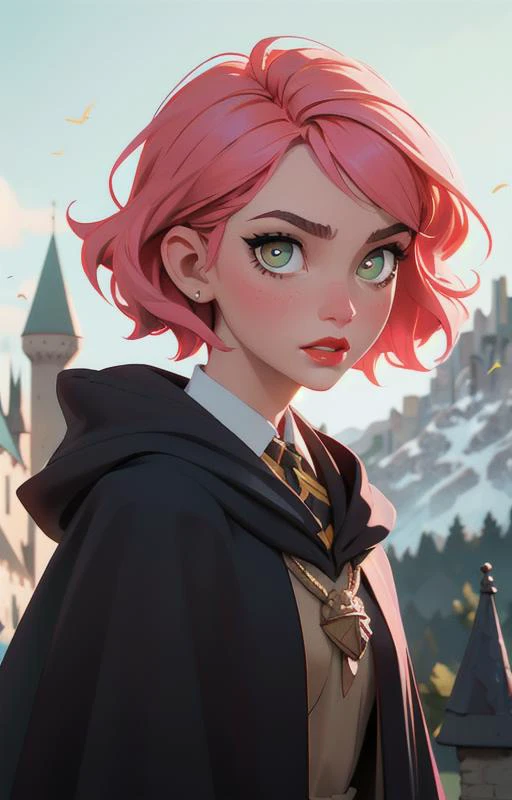 1girl, short pink hair,(hufflepuff House Cloak),( inner cloak yellow:1), (outer cloack black:1),yellow eyes, looking at viewer, solo, upper body,(masterpiece:1.4),(best quality:1.4),red lips,parted lips, exterior forest and mountains, castle,hogwarts castle:1,dramatic shadows,extremely_beautiful_detailed_anime_face_and_eyes,an extremely delicate and beautiful,(dynamic angle), cinematic camera, (dynamic pose:1),depth of field,chromatic aberration,backlighting,