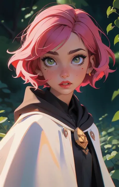 1girl, short pink hair,(hufflepuff House Cloak),( inner cloak yellow:1), (outer cloack black:1),yellow eyes, looking at viewer, solo, upper body,(masterpiece:1.4),(best quality:1.4),red lips,parted lips, exterior forest and mountains, castle,hogwarts castle:1,dramatic shadows,extremely_beautiful_detailed_anime_face_and_eyes,an extremely delicate and beautiful,dynamic angle, cinematic camera, dynamic pose,depth of field,chromatic aberration,backlighting,Watercolor, Ink, epic, candystyle,