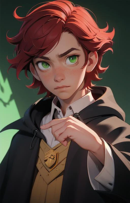 (1boy:1.2), (short red hair:1.2),(hufflepuff House Cloak),( inner cloak yellow:1), (outer cloack black:1),green eyes, looking at viewer, solo, upper body,(masterpiece:1.4),(best quality:1.4), hogwarts castle:1,dramatic shadows,extremely_detailed_anime_face_and_eyes,dynamic angle, cinematic camera, dynamic pose,depth of field,chromatic aberration,backlighting,