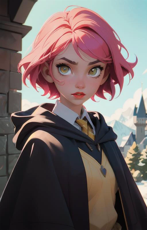 1girl, short pink hair,(hufflepuff House Cloak),( inner cloak yellow:1), (outer cloack black:1),yellow eyes, looking at viewer, solo, upper body,(masterpiece:1.4),(best quality:1.4),red lips,parted lips, exterior forest and mountains, castle,hogwarts castle:1,dramatic shadows,extremely_beautiful_detailed_anime_face_and_eyes,an extremely delicate and beautiful,dynamic angle, cinematic camera, dynamic pose,depth of field,chromatic aberration,backlighting,Watercolor, Ink, epic, candystyle,