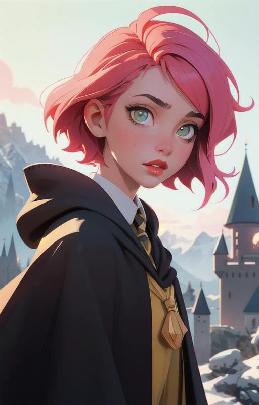 1girl, short pink hair,(hufflepuff House Cloak),( inner cloak yellow:1), (outer cloack black:1),yellow eyes, looking at viewer, solo, upper body,(masterpiece:1.4),(best quality:1.4),red lips,parted lips, exterior forest and mountains, castle,hogwarts castle:1,dramatic shadows,extremely_beautiful_detailed_anime_face_and_eyes,an extremely delicate and beautiful,dynamic angle, cinematic camera, dynamic pose,depth of field,chromatic aberration,backlighting,Watercolor, Ink, epic, candystyle,