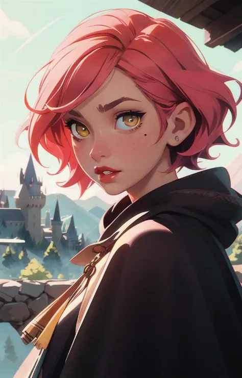 1girl, short pink hair,(mole next to lip:1),(hufflepuff House Cloak),( inner cloak yellow:1), (outer cloack black:1),yellow eyes, looking at viewer, solo, upper body,(masterpiece:1.4),(best quality:1.4),red lips,parted lips, exterior forest and mountains, castle,hogwarts castle:1,dramatic shadows,extremely_beautiful_detailed_anime_face_and_eyes,an extremely delicate and beautiful,dynamic angle, cinematic camera, dynamic pose,depth of field,chromatic aberration,backlighting,Watercolor, Ink, epic, candystyle,