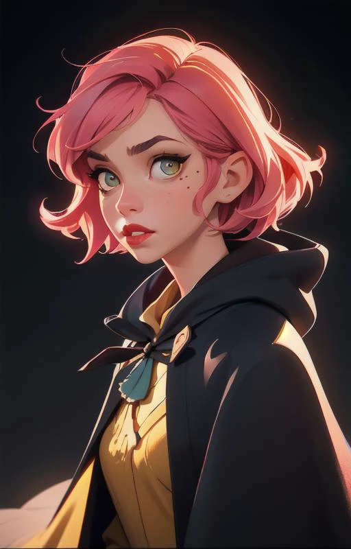 1girl, short pink hair,(mole next to lip:1),(eyebrow scar:1),(hufflepuff House Cloak),( inner cloak yellow:1), (outer cloack black:1),yellow eyes, looking at viewer, solo, upper body,(masterpiece:1.4),(best quality:1.4),red lips,parted lips, hogwarts castle:1,dramatic shadows,extremely_beautiful_detailed_anime_face_and_eyes,an extremely delicate and beautiful,dynamic angle, cinematic camera, dynamic pose,depth of field,chromatic aberration,backlighting,Watercolor, Ink, epic, candystyle,