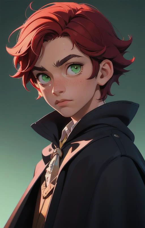 (masterpiece:1.4),(best quality:1.4), boy traits,(1boy:1.2), (short red hair:1.2),(hufflepuff House Cloak),( inner cloak yellow:1), (outer cloack black:1),green eyes, looking at viewer, solo, upper body, hogwarts castle:1,dramatic shadows,extremely_detailed_anime_face_and_eyes,dynamic angle, cinematic camera, dynamic pose,depth of field,chromatic aberration,backlighting,