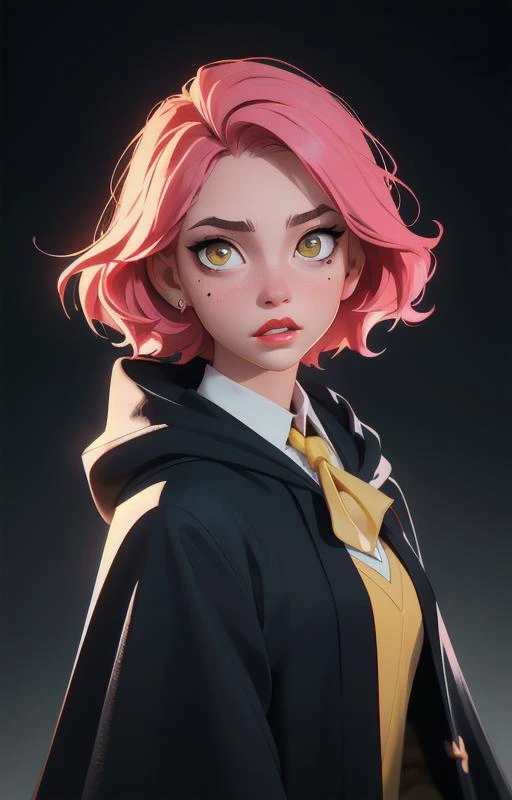 1girl, short pink hair,(mole next to lip:1),(hufflepuff House Cloak),( inner cloak yellow:1), (outer cloack black:1),yellow eyes, looking at viewer, solo, upper body,(masterpiece:1.4),(best quality:1.4),red lips,parted lips, hogwarts castle:1,dramatic shadows,extremely_beautiful_detailed_anime_face_and_eyes,an extremely delicate and beautiful,dynamic angle, cinematic camera, dynamic pose,depth of field,chromatic aberration,backlighting,Watercolor, Ink, epic, candystyle,