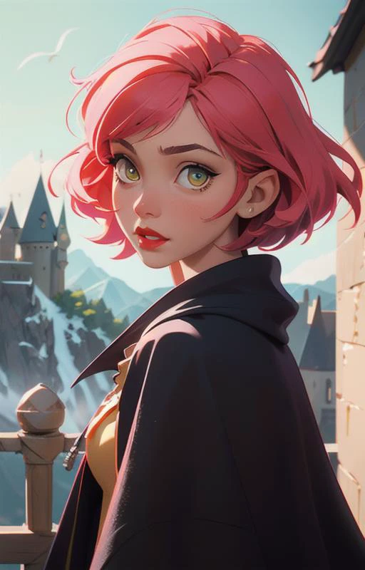 1girl, short pink hair,(hufflepuff House Cloak),( inner cloak yellow:1), (outer cloack black:1),yellow eyes, looking at viewer, solo, upper body,(masterpiece:1.4),(best quality:1.4),red lips,parted lips, exterior forest and mountains, castle,hogwarts castle:1,dramatic shadows,extremely_beautiful_detailed_anime_face_and_eyes,an extremely delicate and beautiful,(dynamic angle), cinematic camera, (dynamic pose:1),depth of field,chromatic aberration,backlighting,