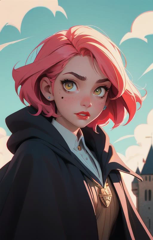 1girl, short pink hair,(mole next to lip:1),(hufflepuff House Cloak),( inner cloak yellow:1), (outer cloack black:1),yellow eyes, looking at viewer, solo, upper body,(masterpiece:1.4),(best quality:1.4),red lips,parted lips, exterior forest and mountains, castle,hogwarts castle:1,dramatic shadows,extremely_beautiful_detailed_anime_face_and_eyes,an extremely delicate and beautiful,dynamic angle, cinematic camera, dynamic pose,depth of field,chromatic aberration,backlighting,Watercolor, Ink, epic, candystyle,