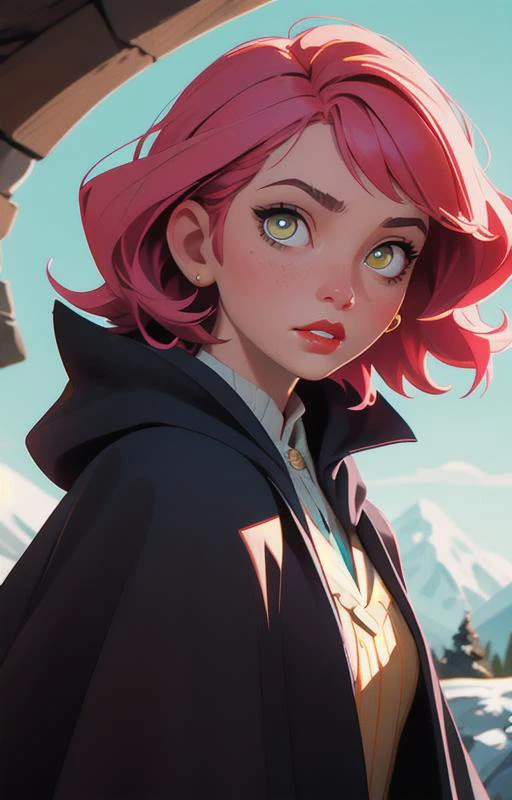 1girl, short pink hair,(hufflepuff House Cloak),( inner cloak yellow:1), (outer cloack black:1),yellow eyes, looking at viewer, solo, upper body,(masterpiece:1.4),(best quality:1.4),red lips,parted lips, exterior forest and mountains, castle,hogwarts castle:1,dramatic shadows,extremely_beautiful_detailed_anime_face_and_eyes,an extremely delicate and beautiful,(dynamic angle), cinematic camera, (dynamic pose:1),depth of field,chromatic aberration,backlighting,