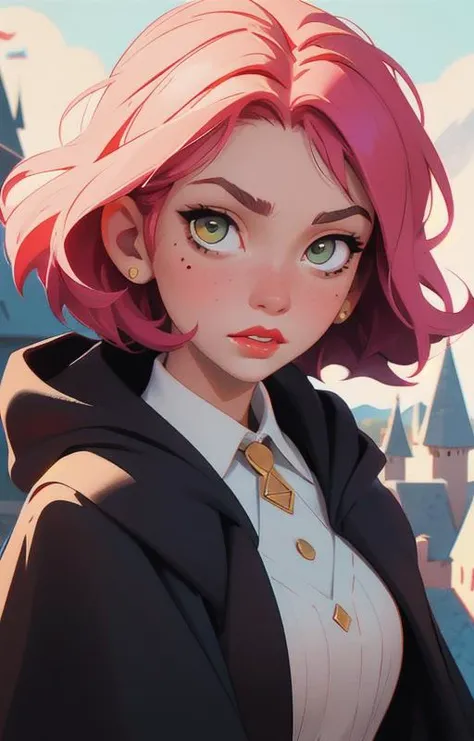 1girl, short pink hair,(mole next to lip:1),(hufflepuff House Cloak),( inner cloak yellow:1), (outer cloack black:1),yellow eyes, looking at viewer, solo, upper body,(masterpiece:1.4),(best quality:1.4),red lips,parted lips, exterior forest and mountains, castle,hogwarts castle:1,dramatic shadows,extremely_beautiful_detailed_anime_face_and_eyes,an extremely delicate and beautiful,dynamic angle, cinematic camera, dynamic pose,depth of field,chromatic aberration,backlighting,Watercolor, Ink, epic, candystyle,