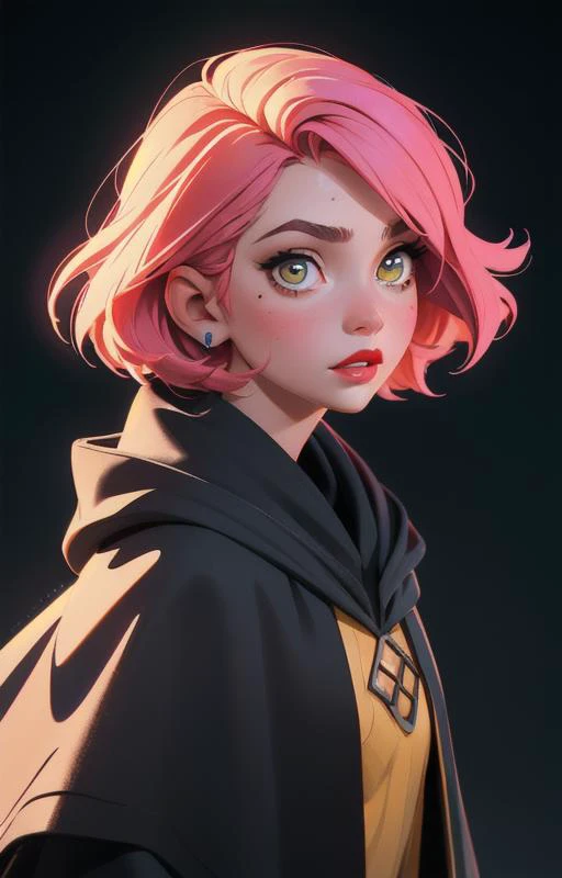 1girl, short pink hair,(mole next to lip:1),(eyebrow scar:1),(hufflepuff House Cloak),( inner cloak yellow:1), (outer cloack black:1),yellow eyes, looking at viewer, solo, upper body,(masterpiece:1.4),(best quality:1.4),red lips,parted lips, hogwarts castle:1,dramatic shadows,extremely_beautiful_detailed_anime_face_and_eyes,an extremely delicate and beautiful,dynamic angle, cinematic camera, dynamic pose,depth of field,chromatic aberration,backlighting,Watercolor, Ink, epic, candystyle,