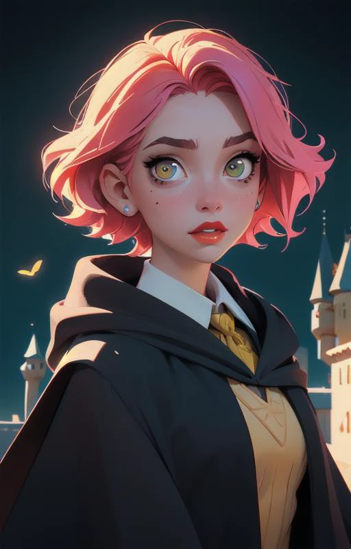 1girl, short pink hair,(mole next to lip:1),(hufflepuff House Cloak),( inner cloak yellow:1), (outer cloack black:1),yellow eyes, looking at viewer, solo, upper body,(masterpiece:1.4),(best quality:1.4),red lips,parted lips, hogwarts castle:1,dramatic shadows,extremely_beautiful_detailed_anime_face_and_eyes,an extremely delicate and beautiful,dynamic angle, cinematic camera, dynamic pose,depth of field,chromatic aberration,backlighting,Watercolor, Ink, epic, candystyle,