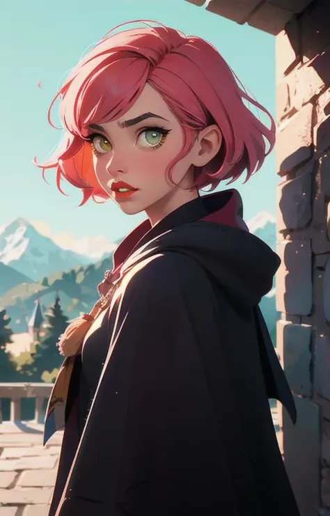 1girl, short pink hair,(hufflepuff House Cloak),( inner cloak yellow:1), (outer cloack black:1),yellow eyes, looking at viewer, solo, upper body,(masterpiece:1.4),(best quality:1.4),red lips,parted lips, exterior forest and mountains, castle,hogwarts castle:1,dramatic shadows,extremely_beautiful_detailed_anime_face_and_eyes,an extremely delicate and beautiful,dynamic angle, cinematic camera, dynamic pose,depth of field,chromatic aberration,backlighting,Watercolor, Ink, epic, candystyle,