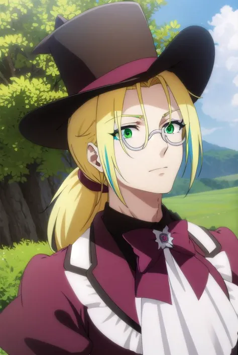 fruitofevolutionvitor, <lora:fruitofevolution vitor s2-lora-nochekaiser:1>,
vitor, long hair, blonde hair, (green eyes:1.3), ponytail, male focus, multicolored hair, glasses, makeup,
BREAK hat, pants, ascot, top hat, monocle,
BREAK outdoors, nature, forest, grass,
BREAK looking at viewer,
BREAK <lyco:GoodHands-beta2:1>, (masterpiece:1.2), best quality, high resolution, unity 8k wallpaper, (illustration:0.8), (beautiful detailed eyes:1.6), extremely detailed face, perfect lighting, extremely detailed CG, (perfect hands, perfect anatomy),