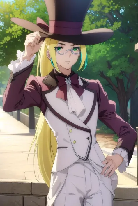 fruitofevolutionvitor, <lora:fruitofevolution vitor s2-lora-nochekaiser:1>,
vitor, long hair, blonde hair, (green eyes:1.3), ponytail, male focus, multicolored hair, glasses, makeup,
BREAK hat, pants, ascot, top hat, monocle,
BREAK outdoors, nature, forest, grass, 
BREAK looking at viewer,
BREAK <lyco:GoodHands-beta2:1>, (masterpiece:1.2), best quality, high resolution, unity 8k wallpaper, (illustration:0.8), (beautiful detailed eyes:1.6), extremely detailed face, perfect lighting, extremely detailed CG, (perfect hands, perfect anatomy),