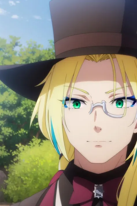 fruitofevolutionvitor, <lora:fruitofevolution vitor s2-lora-nochekaiser:1>,
vitor, long hair, blonde hair, (green eyes:1.3), ponytail, male focus, multicolored hair, glasses, makeup,
BREAK hat, pants, ascot, top hat, monocle,
BREAK outdoors, nature, forest, grass,
BREAK looking at viewer,
BREAK <lyco:GoodHands-beta2:1>, (masterpiece:1.2), best quality, high resolution, unity 8k wallpaper, (illustration:0.8), (beautiful detailed eyes:1.6), extremely detailed face, perfect lighting, extremely detailed CG, (perfect hands, perfect anatomy),