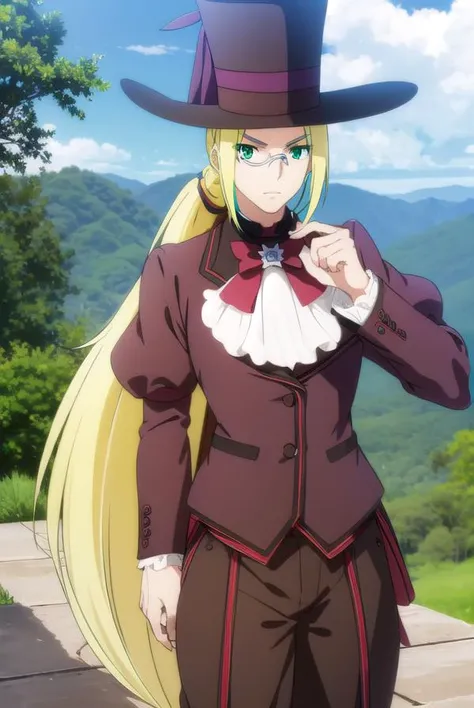 fruitofevolutionvitor, <lora:fruitofevolution vitor s2-lora-nochekaiser:1>,
vitor, long hair, blonde hair, (green eyes:1.3), ponytail, male focus, multicolored hair, glasses, makeup,
BREAK hat, pants, ascot, top hat, monocle,
BREAK outdoors, nature, forest, grass,
BREAK looking at viewer,
BREAK <lyco:GoodHands-beta2:1>, (masterpiece:1.2), best quality, high resolution, unity 8k wallpaper, (illustration:0.8), (beautiful detailed eyes:1.6), extremely detailed face, perfect lighting, extremely detailed CG, (perfect hands, perfect anatomy),
