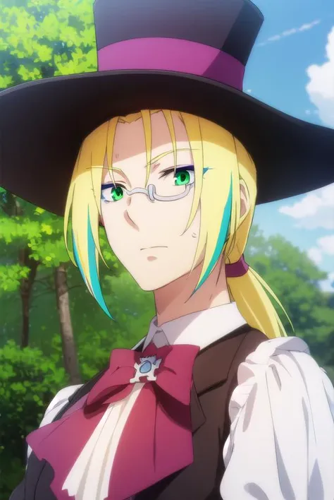fruitofevolutionvitor, <lora:fruitofevolution vitor s2-lora-nochekaiser:1>,
vitor, long hair, blonde hair, (green eyes:1.3), ponytail, male focus, multicolored hair, glasses, makeup,
BREAK hat, pants, ascot, top hat, monocle,
BREAK outdoors, nature, forest, grass,
BREAK looking at viewer,
BREAK <lyco:GoodHands-beta2:1>, (masterpiece:1.2), best quality, high resolution, unity 8k wallpaper, (illustration:0.8), (beautiful detailed eyes:1.6), extremely detailed face, perfect lighting, extremely detailed CG, (perfect hands, perfect anatomy),