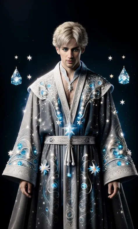 Masterpiece, photo-realistic, a (((((very handsome))))) young white-blonde haired Sorcerer prince with with bright blue eyes with men's eyeliner, a silver crown on his head wearing a mystical wizard's robe, a magical blue crystal around his neck, isolated on a black background of swirling colorful magic.  <lora:eyeliner_v1:0.8> <lora:wizardrope:0.8> <lora:short_man:0.8> short hair