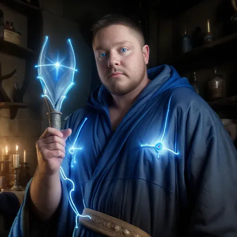 <lora:Chubby_man:0.8> Portrait of a man as a handsome, chubby, mystical young sorcerer in a hooded magical wizard robe with (glowing blue eyes). <lora:wizardrope:0.5> Wizardrope, (looking at viewer), (ultra realistic, masterpiece, hdr, intricate details, detailed background, depth of field)