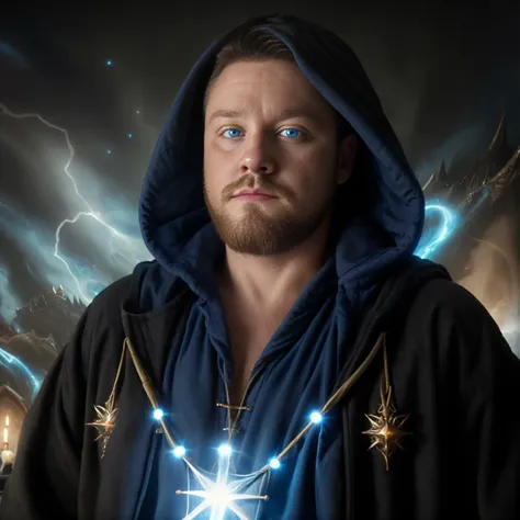 <lora:Chubby_man:0.8> Portrait of a man as a handsome, mystical sorcerer in a hooded magical wizard robe with (glowing blue eyes). <lora:wizardrope:0.5> Wizardrope, (looking at viewer), (ultra realistic, masterpiece, hdr, intricate details, detailed background, depth of field)