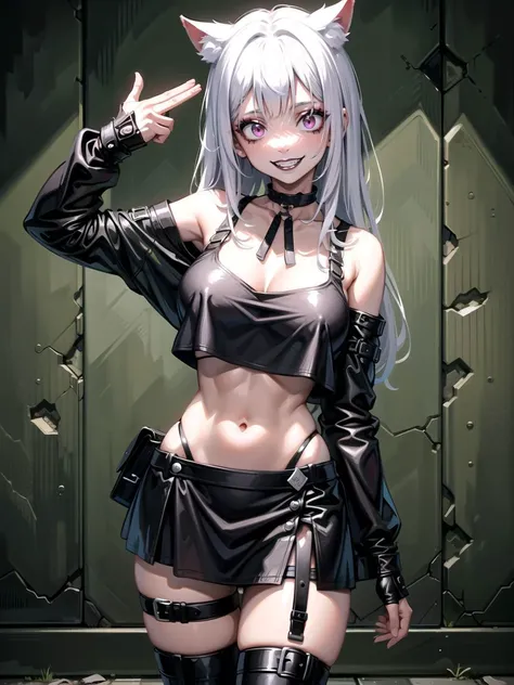 masterpiece, best quality, cowboy shot, 1girl, large breasts, black lips, [silver | black hair], long hair, off shoulder tshirt, exotic black bra, neck strap, showing breasts, showing navel, black mini skirt, black boots, abs,
<lora:Gun2HeadV4:1>, fg2h, fingergun,
<lora:punk_v0.2:0.55>, punk,
<lora:Crazy_ExpressionsV2:0.35>, crazy face, crazy eyes, (crazy smile:1.2),
standing, seductive pose, abandoned building,