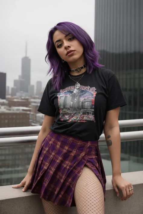 professional cinematic photography, 4k, highly detailed, 35mm photograph, 4k, highly detailed, Hispanic young woman, punk, plaid skirt, fishnets, t-shirt, choker, multicolored purple hair, at top of a building, rain, dramatic scene, city at background <lora:punk_v0.2:0.8>