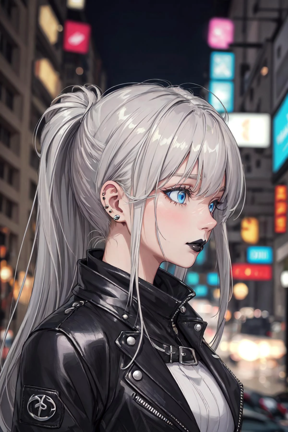 {(Masterpiece, Best Quality, High Quality, Highres:1.4), (ultra-detailed)}
{extremely detailed face, expressive eyes, perfect round face, perfect hair, perfect lighting,}
1girl age 27,
{ white hair:1.5, Long hair, updo_hairstyle:1.3 sidelocks, multiple piercings, }
{ blue eyes, majestic lips, }
{ kindness look, soft eyes, soft smile, }
{ busty, large breasts, }
{ punk, leather jacket, crop top, fishnet gloves, black nails, black lips, studs, shorts}
{ background : neon city at night }
{ blurry background, bokeh}
<lora:updo_hairstyle:0.3> <lora:add_detail:0.2> <lora:punk_v0.2:1>