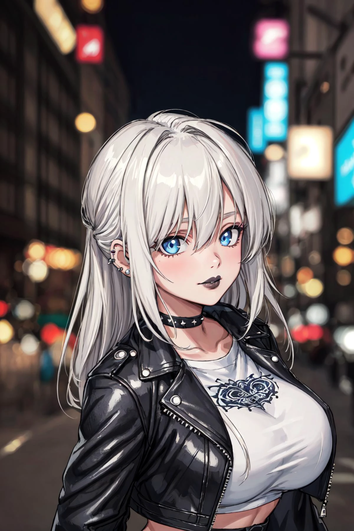 {(Masterpiece, Best Quality, High Quality, Highres:1.4), (ultra-detailed)}
{extremely detailed face, expressive eyes, perfect round face, perfect hair, perfect lighting,}
1girl age 27,
{ white hair:1.5, Long hair, updo_hairstyle:1.3 sidelocks, multiple piercings, }
{ blue eyes, majestic lips, }
{ kindness look, soft eyes, soft smile, }
{ busty, large breasts, }
{ punk, leather jacket, crop top, fishnet gloves, black nails, black lips, studs, shorts}
{ background : neon city at night }
{ blurry background, bokeh}
<lora:updo_hairstyle:0.3> <lora:add_detail:0.2> <lora:punk_v0.2:1>