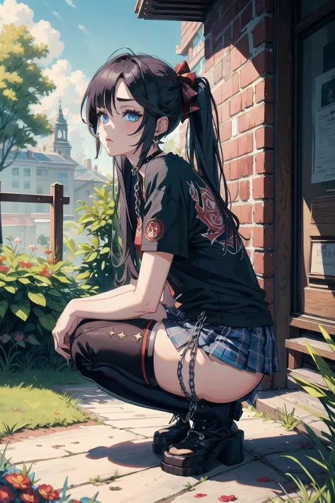 (masterpiece:1.2), (best quality:1.2), (ultra detailed:1.1), punk mona, monadef ,plaid skirt, multicolored hair, thigh boots, band shirt,squatting, (panties:1.1),expressionless,beautiful blue eyes, choker,chains,colorful, vivid ,zettai ryouiki, delicate face,ear piercing, <lora:mona1-000008:0.8> <lora:punk_v0.2:1>