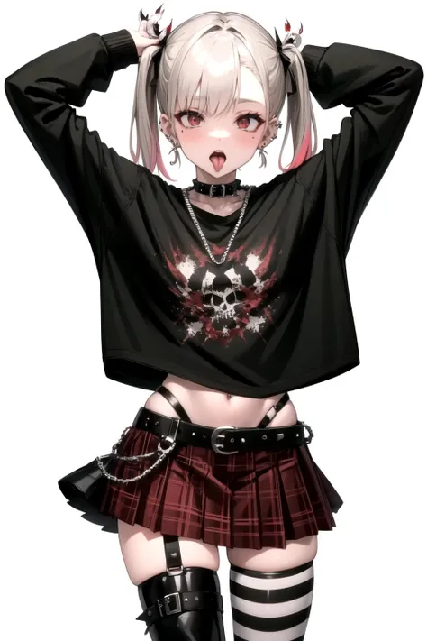 <lora:punk_v0.2:1>
punk, 1girl, solo, long hair, looking at viewer, open mouth, skirt, simple background, black hair, red eyes, thighhighs, white background, twintails, jewelry, white hair, multicolored hair, earrings, boots, tongue, midriff, striped, belt, tongue out, miniskirt, nail polish, collar, two-tone hair, plaid, black shirt, v, chain, plaid skirt, piercing, cross, ear piercing, fishnets, black nails, striped thighhighs, spikes, v over eye, tongue piercing, masterpiece, best quality, highly detailed