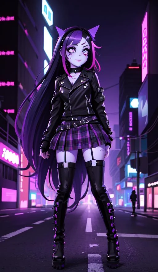 neonpunk style masterpiece, best quality, detailed eyes, (full body:1.4), looking at viewer, depth of field, <lora:Misery_ruby_gloom:0.8> Misery_(ruby gloom), blue skin, colored skin, purple veil, long hair, black hair, thin eyebrows, crying, bags under eyes, <lora:punk_v0.2:1> Punk, standing, cyberpunk city, smile, plaid skirt, multicolored hair, thigh boots, black lips, nose, looking away, . cyberpunk, vaporwave, neon, vibes, vibrant, stunningly beautiful, crisp, detailed, sleek, ultramodern, magenta highlights, dark purple shadows, high contrast, cinematic, ultra detailed, intricate, professional