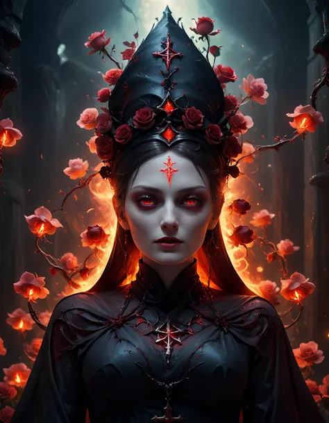 (photorealistic:1.2, Fujifilm XT3) photo of 20 year old beautiful (Nun), corrupted, seduced by the devil, wearing ((demonic) bio nun robes), glowing red eyes, by Henry asencio, by Josephine Wall, <lora:Choker-FFashion-Part1-32.LORA:0.7>, glowing intricate metal choker with runes, <lora:add-detail-xl:2.5>, <lora:DonMD3m0nV31nsXL_v1.1:0.8> ,<lora:PE_NeonSignStyle:0.2>, medium perfect breasts, <lora:betmd2:0.4> betmd, orchids, Clovers, roses, flowers, colorful, dynamic pose, levanders <lora:xl_more_art-full_v1:0.4> <lora:takma2:0.3> , (masterpiece:1.2), (epic composition:1.4), (talent:1.2), ultra detailed, cinematic lighting, highly detailed, insanely detailed, (photorealistic:1.2), hdr, 8k, exquisite, sharp, elegant, ambient lighting, high quality