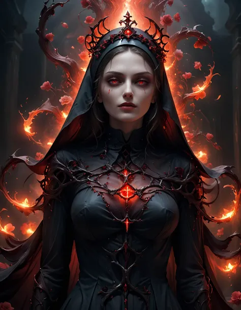 (photorealistic:1.2, Fujifilm XT3) photo of 20 year old beautiful (Nun), corrupted, seduced by the devil, wearing ((demonic) bio nun robes), glowing red eyes, by Henry asencio, by Josephine Wall, <lora:Choker-FFashion-Part1-32.LORA:0.7>, glowing intricate metal choker with runes, <lora:add-detail-xl:2.5>, <lora:DonMD3m0nV31nsXL_v1.1:0.8> ,<lora:PE_NeonSignStyle:0.2>, medium perfect breasts, <lora:betmd2:0.4> betmd,  orchids,  Clovers, roses,  flowers, colorful,  dynamic pose,  levanders <lora:xl_more_art-full_v1:0.4> <lora:takma2:0.3> , (masterpiece:1.2), (epic composition:1.4), (talent:1.2), ultra detailed, cinematic lighting, highly detailed, insanely detailed, (photorealistic:1.2), hdr, 8k, exquisite, sharp, elegant, ambient lighting, high quality