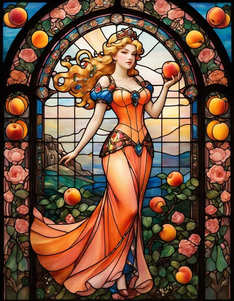 Stained glass style sexy ((Princess peach)) as ((stained glass)), wearing long flowing dress decorated with peaches and wild flowers, <lora:add-detail-xl:2> , <lora:betmd2-step00000250:0.4> betmd, Clovers, roses, flowers, colorful, wings, levanders, ,<lora:Louis Comfort Tiffany Style:0.4> Louis Comfort Tiffany Style page, (peaches), (Art Nouveau), (by Gustav Klimt), (by Egon Schiele), (by Oskar Kokoschka), (by Alphonse Mucha), (epic composition:1.4), (talent:1.2), ultra detailed, highly detailed, insanely detailed, , exquisite, sharp, elegant, ambient lighting,, high quality . Vibrant, beautiful, translucent, intricate, detailed